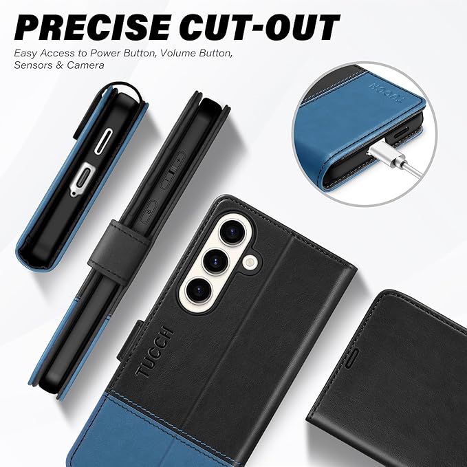 TUCCH Wallet Case for Galaxy S25 FE, Magnetic PU Leather Stand [RFID Blocking] 4 Credit Card Holder Flip Cover with [TPU Shockproof Interior Shell] (6.7") 2025, Black & Light Blue