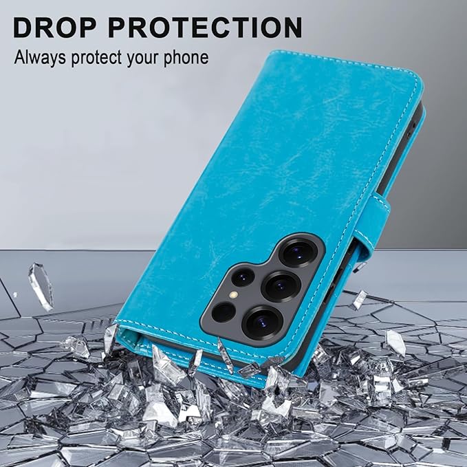 MONASAY Wallet Case Fit for Samsung Galaxy S25 Ultra 6.9 inch, [Lens & Glass Screen Protector Included] [RFID Blocking] Flip Folio Leather Cell Phone Cover with Credit Card Holder, Light Blue