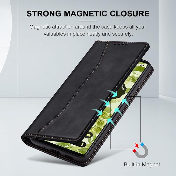 Jasonyu Flip Wallet Case for Google Pixel 6 5G,Leather Magnetic Folio Cover with Card Holder,Kickstand - TPU Shockproof Durable Protective Phone Case,Black