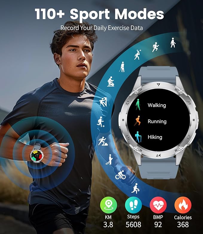 LIGE Military Smart Watch for Men iPhone Android 1.43" HD Amoled Rugged 110+ Sport Modes IP68 Waterproof Answer/Make Call Fitness Running Heart Rate Blood Pressure Health Mens Smartwatch