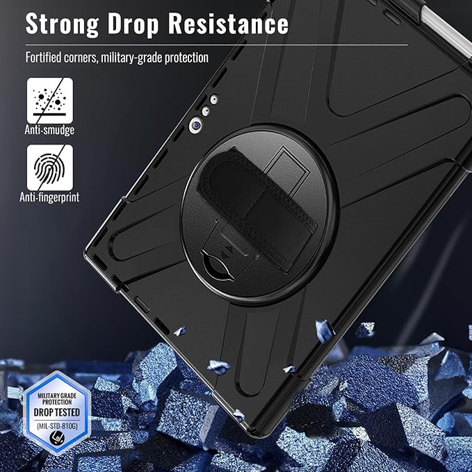 DreamerX for Microsoft Surface Pro 7+ Plus/Pro 7/6/5/4 12.3" Case, Heavy Duty Rugged Full Body Drop Protective Silicone Kids Cover w/Rotating Stand Hand Strap Pen Holder Carrying Shoulder Strap Black