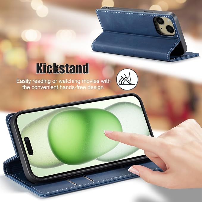 japezop iPhone 15 Plus 5G Wallet Case with RFID Blocking, Card Holder Kickstand Magnetic Leather Flip Case Wallet for iPhone 15 Plus 5G 6.7 Inch(Blue)