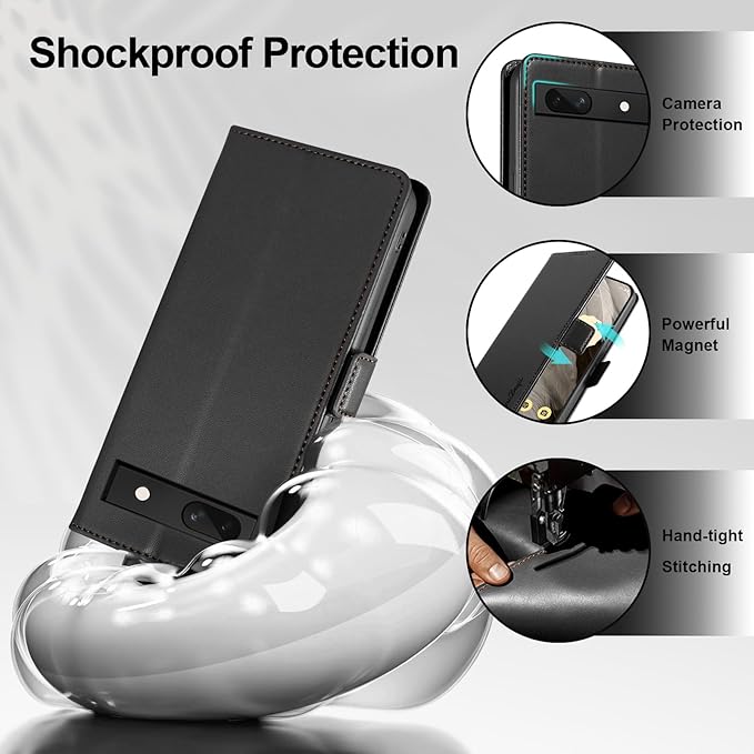 Wallet Flip Case for Google Pixel 7A - [RFID Blocking] Luxury PU Leather Card Holder Magnetic Phone Cover with Kickstand,Shockproof Protective Case,Black