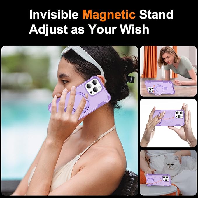 Compatible with iPhone 13 Pro Case with Invisible Magnetic Ring Stand [Compatible with Magnetic] [Military Drop Protection] Shockproof Slim Hard Back Soft Edge Case 6.1 Inch, Purple