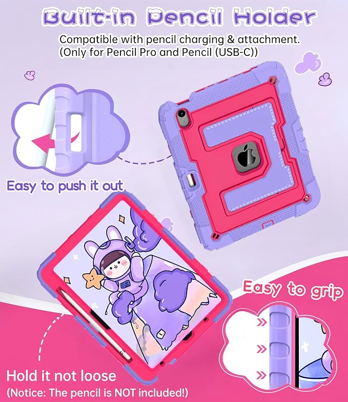 DreamerX for iPad Air 11 Inch Case M3(2025) / M2(2024), iPad Air 5th Generation 2022/Air 4th Gen 2020 10.9 Inch Cute Silicone Drop Protective Cover w/Pencil Holder Stand Carrying Strap for Kids, Rose