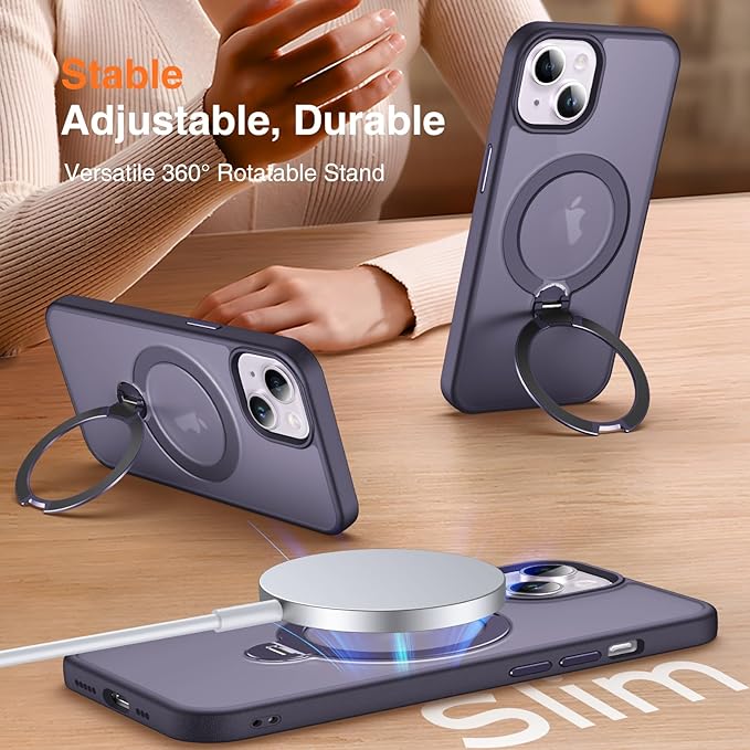 360° O-Ring MagStander for iPhone 15 Case with Magnetic Kickstand Ring Holder [Compatible with MagSafe][360°Rotate Stand Ring][Military Shockproof] Magnet iPhone 15 Phone Cover Matte Purple