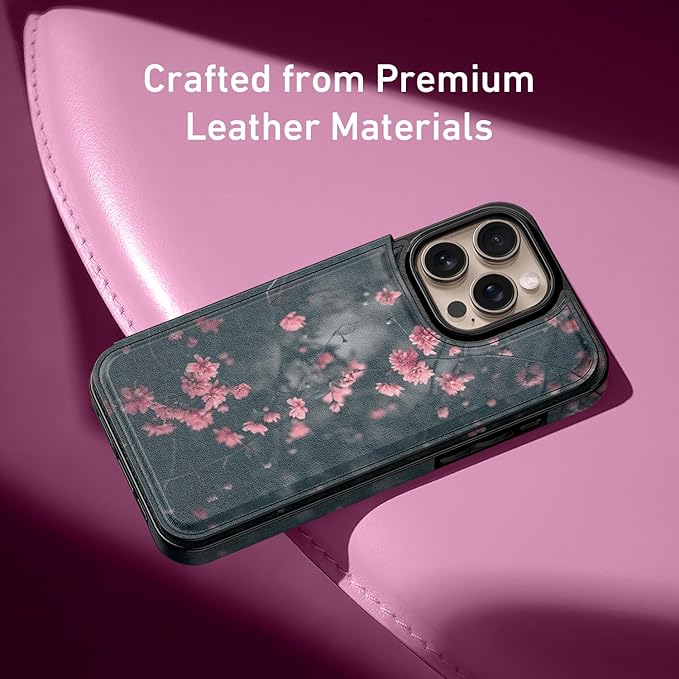 FUNMIKO for iPhone 16 Pro Max Wallet Case with Card Holder, RFID-Blocking, Military-Grade Protection & UV-Printed Artwork, Magnetic Closure with Leather Kickstand - Mystic Blooming Plum
