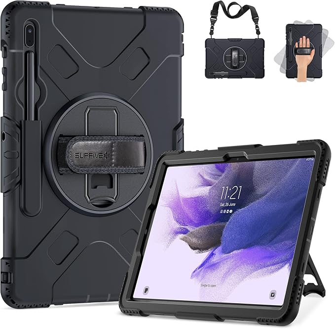 SUPFIVES Case for Samsung Galaxy Tab S7 FE/ S8 Plus 12.4 Inch: [Upgraded Military Grade] Full-Body Rugged Protective Soft Silicone Cover - Kick Stand- Handle/Shoulder Strap- S Pen Holder- Black