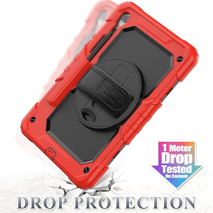 SEYMAC stock Case for Samsung Galaxy Tab S10 Lite / S10 FE / S9 FE 5G / S9 Tablet Case 10.9''/ 11'' Protective with Screen Protector, Pen Holder, 360 Rotate Stand, Hand Strap, Shoulder Strap, Red