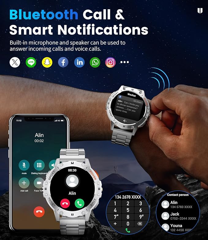 Military Smart Watches for Men(Answer/Make Calls) with LED Flashlight,530mAh Large Battery,1.43’’ AMOLED 5ATM Waterproof Smartwatch for Android iOS,100+Sport Modes,Sliver