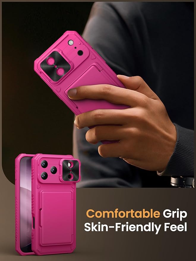 Vihibii for iPhone 17 Pro Max Case Wallet with Card Holder (4 Cards) [RFID Blocking] & Slide Camera Cover & Raised Edges Protect Screen, Shockproof Rugged Cover for iPhone 17 Pro Max 2025, Hot Pink