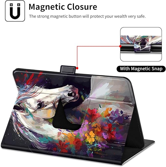 for Lenovo Tab M9 Case,9 inch Tablet Cover, Magnetic Closure Travel Portable Protective Case with 360 Degree Rotating Stand for Lenovo Tab M9 TB-310FU 2023-Flowers and White Horses