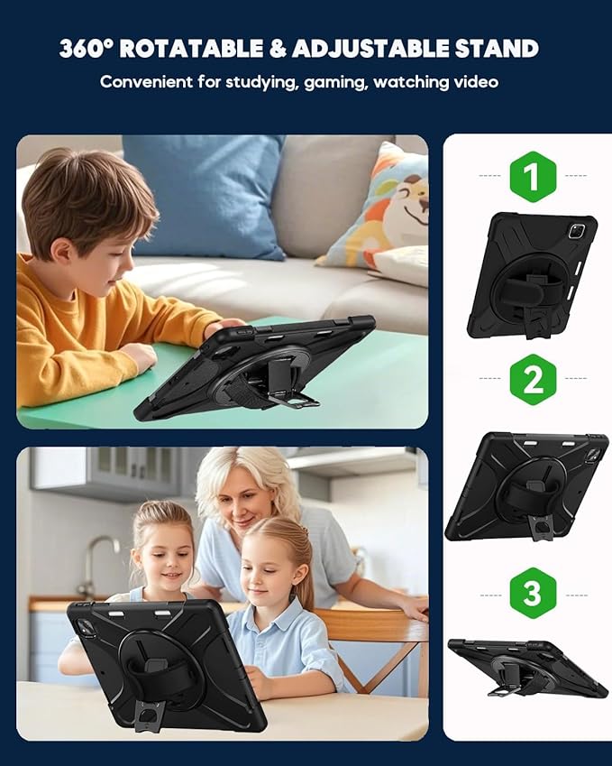 DreamerX for iPad Air 13 Inch (2025/2024) M3/M2 iPad Pro 12.9 6th 5th 4th 3rd Gen Case with 360° Rotating Stand Hand Strap Shoulder Strap, Heavy Duty Rugged Kids Cover for iPad Air 13 Pro 12.9", Black