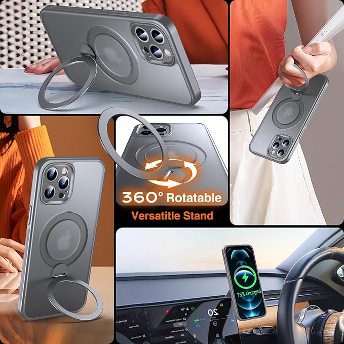 360° O-Ring MagStander for iPhone 12 Pro Max Case with Magnetic Kickstand Ring Holder [Compatible with MagSafe][360°Rotate Stand][Military Shockproof] iPhone 12 Pro Max Phone Cover Grey