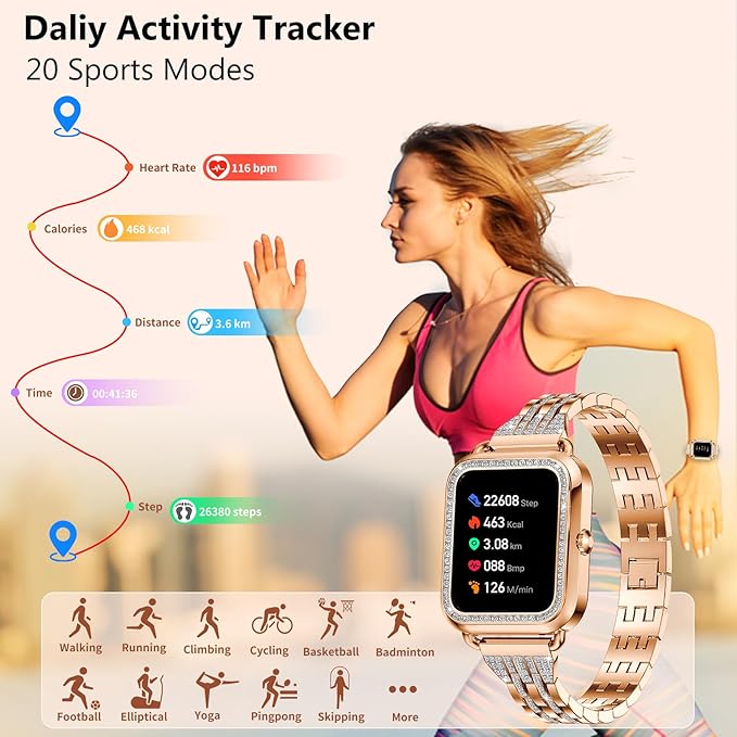 Efolen Smart Watches for Women with Diamonds (Answer/Make Call), 1.57'' Bluetooth Smartwatch for Android iOS Phones, Waterproof Fitness Watch with Heart Rate/SpO2/Sleep/BP/AI Voicer (Rose Gold)