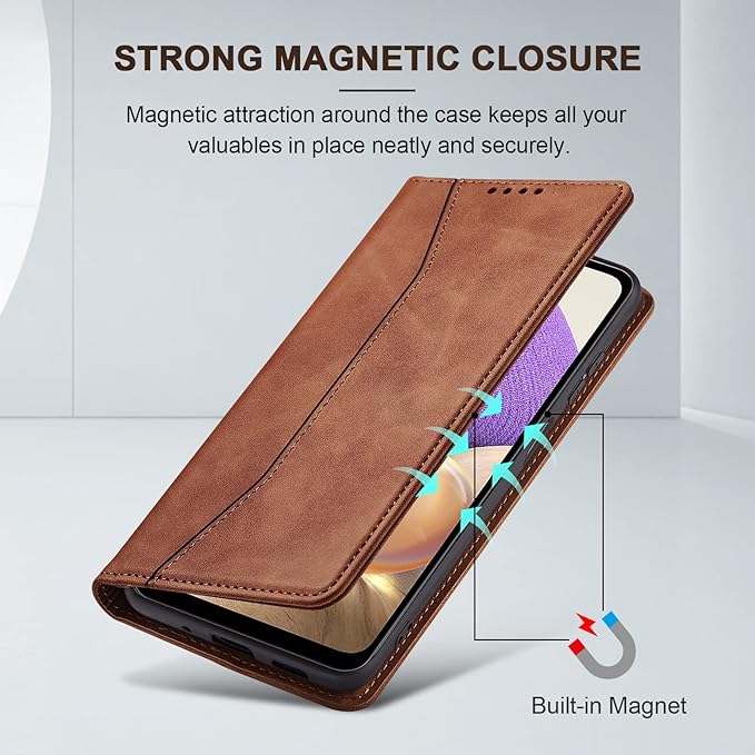 Jasonyu Flip Wallet Case for Samsung Galaxy A32 5G,Leather Magnetic Folio Cover with Card Holder,Kickstand - TPU Shockproof Durable Protective Phone Case,Brown