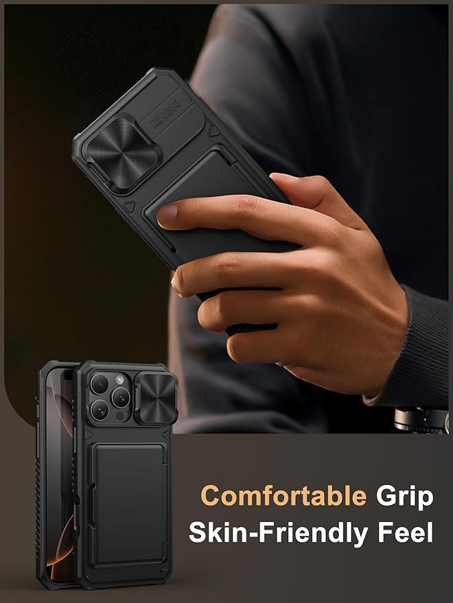 Vihibii for iPhone 16 Pro Max Case with Card Holder (4 Cards) [RFID Blocking] & Slide Camera Cover, Military Grade Drop Protection, Rugged Hard Back & Silicone Edge Wallet Phone Case 6.9" 2024, Black