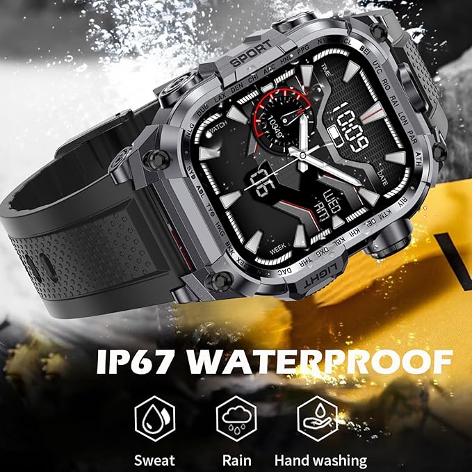 Tough Smart Watch for Working Men with Flashlight, 2.01" HD Ultra Large Rugged Smartwatch Bluetooth Call/Heart Rate/Sleep Monitor Hiking Camping Fitness Track Watches