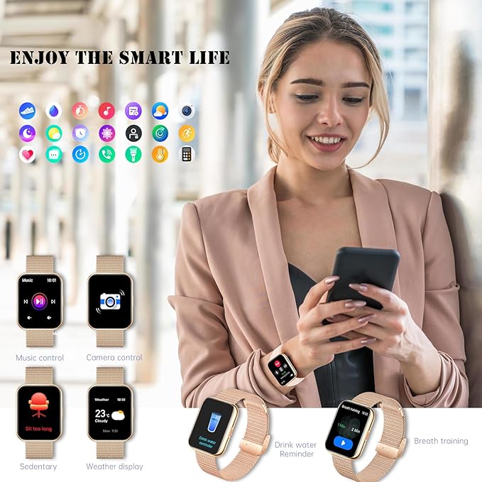 Smart Watch for Women(Answer/Dial Calls) 1.81" HD AI Voice Smartwatch with Fitness Tracker/Step Counter/Heart Rate Sleep Monitor, 120+ Sports Modes, IP68 Waterproof for Android/iOS, Gold/3 Bands