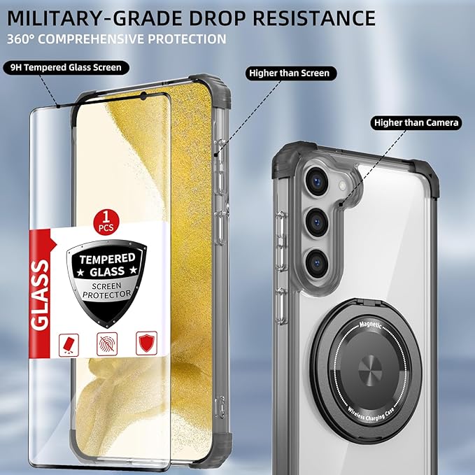 for Samsung Galaxy S22 Plus Case Magnetic Compatible with MagSafe with Screen Protector,for S22+Plus Phone Case with Kickstand Ring Military Grade Drop Heavy Duty Protection Shockproof Black