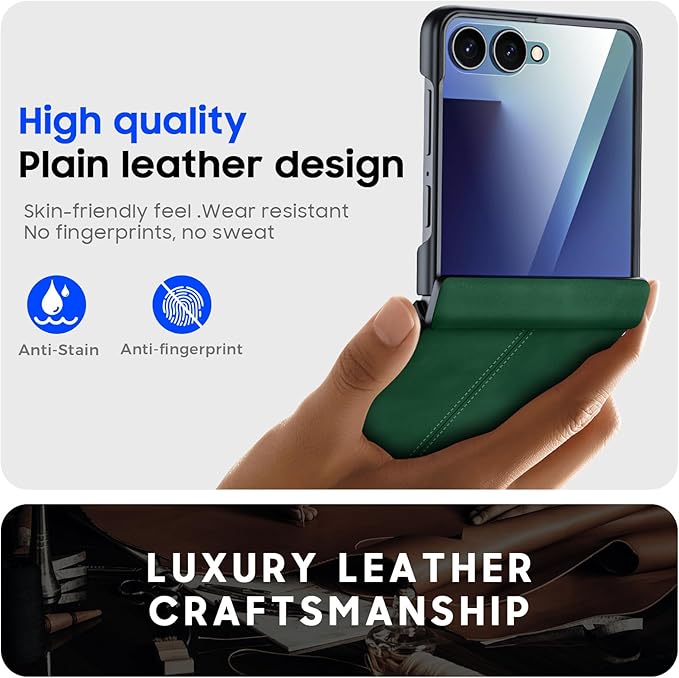 for Samsung Galaxy Z Flip 7 Case with Hinge Protection & Built-in Screen Protector, Ultra Thin Stylish Leather Matte PC Durable Shockproof Cover Phone Case for Galaxy Z Flip 7-Green