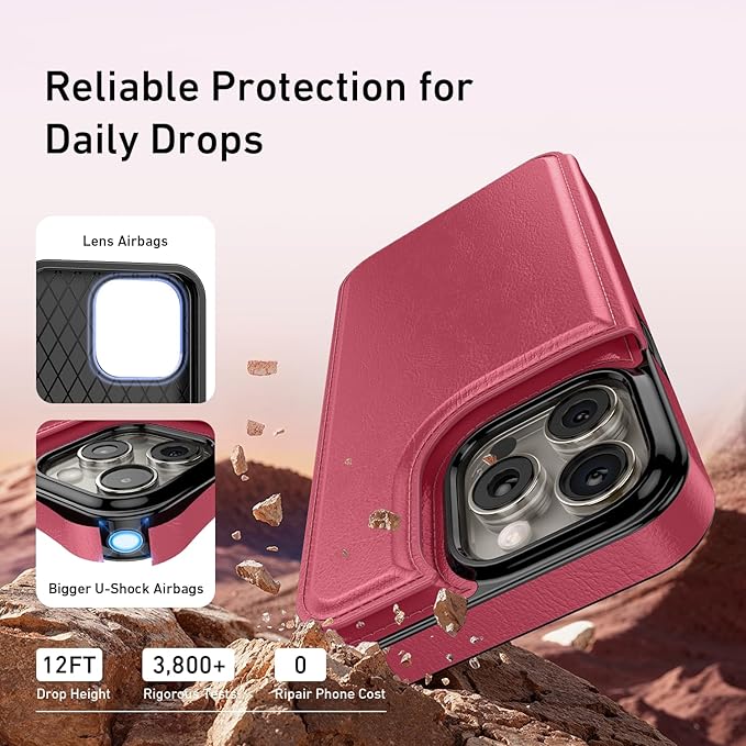 FUNMIKO for iPhone 15 Pro Max Wallet Case with Card Holder, RFID-Blocking, Military-Grade Protection & UV-Printed Artwork, Magnetic Closure with Leather Kickstand - Hot Pink