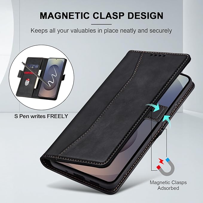 Jasonyu Flip Wallet Case for Samsung Galaxy S25 Ultra 5G,Leather Magnetic Folio Cover with Card Holder,Kickstand - TPU Shockproof Durable Protective Phone Case,Black