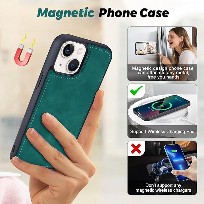 TwoHead Wallet Case Compatible with iPhone 15 Plus,Detachable Magnetic Phone Case,All-Round Shockproof Protective Leather Phone Case with Card Holder,6.7 in,Green
