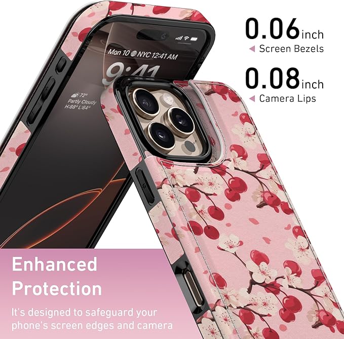 FUNMIKO for iPhone 16 Pro Wallet Case with Card Holder, RFID-Blocking, Military-Grade Protection & UV-Printed Artwork, Magnetic Closure with Leather Kickstand - Cherry Blossom
