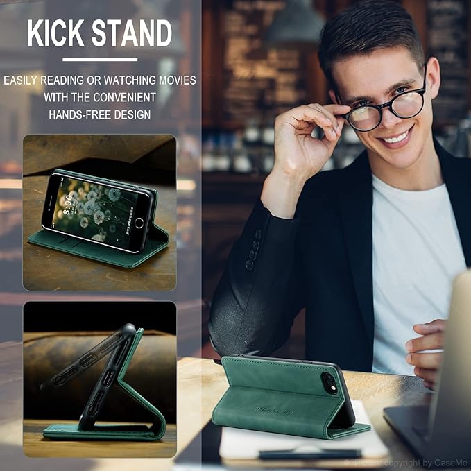 QLTYPRI Case for iPhone 16e, Vintage PU Leather Wallet Case Card Slot Kickstand Magnetic Closure Shockproof Flip Folio Cover for iPhone 16e - Dark Green