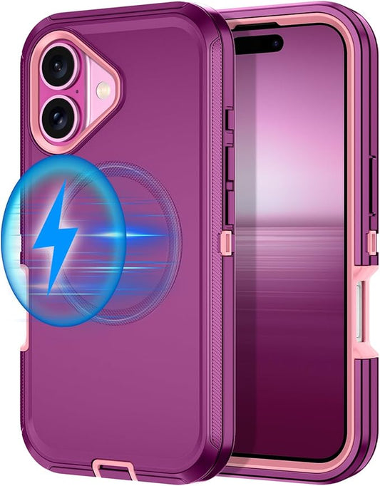 for iPhone 16 Case [Compatible with MagSafe] Shockproof 3-Layer Full Body Protection [Without Screen Protector] Rugged Heavy Duty Cover Case for Apple iPhone 16 6.1",Purple/Pink