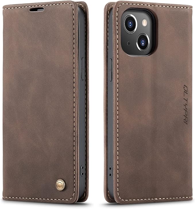 QLTYPRI Case for iPhone 14, Vintage PU Leather Wallet Case Card Slot Kickstand Magnetic Closure Shockproof Flip Folio Book Case Cover for iPhone 14(6.1 inch) - Coffee Brown