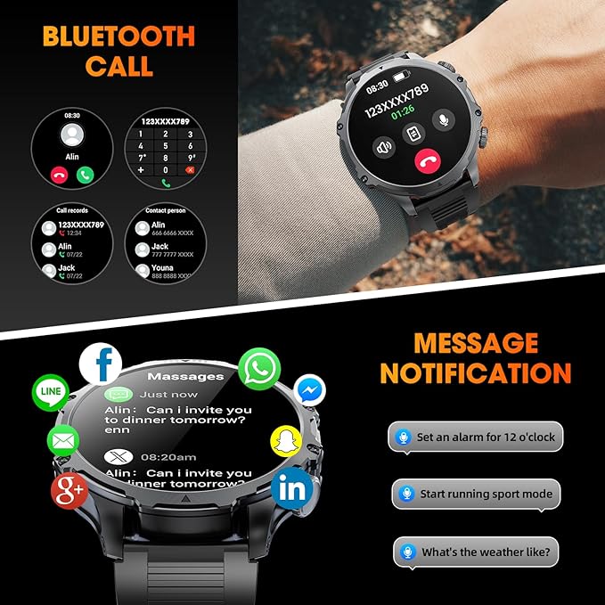 Military Smart Watch for Men (Answer/Make Call), 1,85" HD Touch Screen 700mAh Large Battery Fitness Watch with Flashlight/Heart Rate/Sleep Monitor Fitness Tracker for iPhone & Android Black