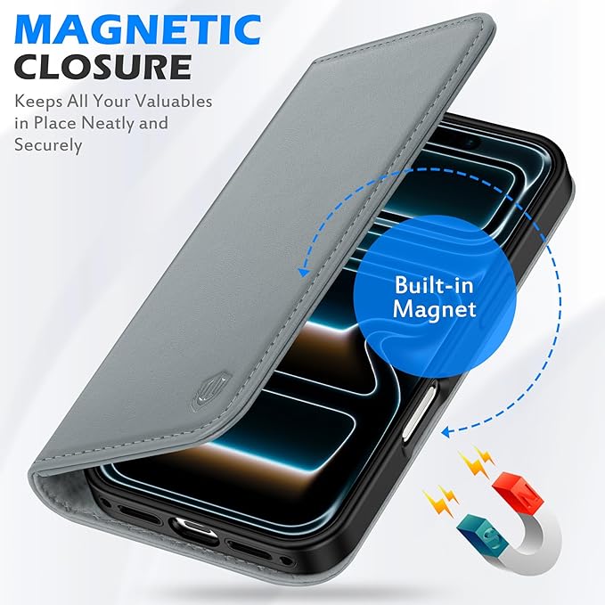 SHIELDON Wallet Case for iPhone 17 6.3-inch 5G 2025 | Genuine Leather, Flip, Magnetic Closure, RFID Blocking 3 Card Holder, Kickstand, Full Protection, Shockproof Soft TPU Cover - Gray