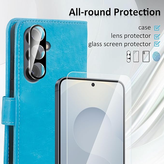 MONASAY Wallet Case Fit for Samsung Galaxy S25+ Plus 5G, [Lens & Glass Screen Protector Included] [RFID Blocking] Flip Folio Leather Cell Phone Cover with Credit Card Holder, 6.7 inch, Light Blue