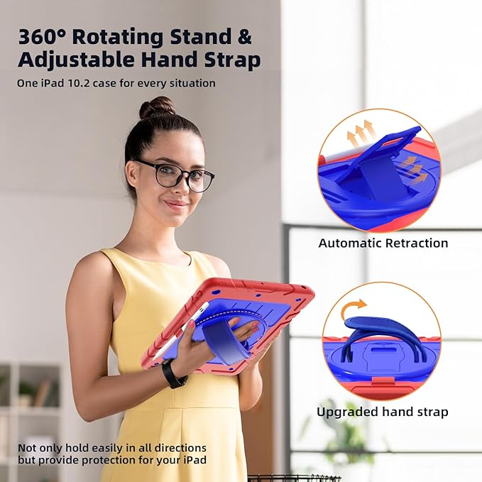 Case for iPad 9th/8th/7th Generation-Built-in Screen Protector,with Pencil Holder & 360°Rotating Hand Strap,Shoulder Strap,Case for iPad 10.2 inch 2021-2019(Red/Blue)