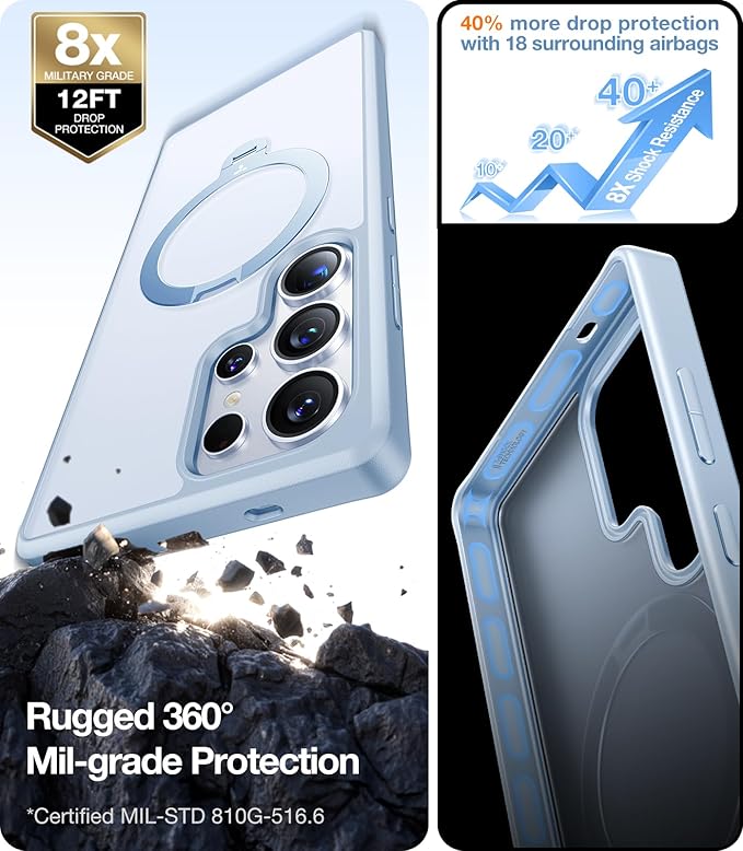 TORRAS 360° Spin Magnetic Stand for Samsung Galaxy S25 Ultra Case, Fit for Magsafe, Shockproof Slim Protective S25 Ultra Case with Kickstand for Women Men, Ostand Spin, Translucent Frosted Silverblue