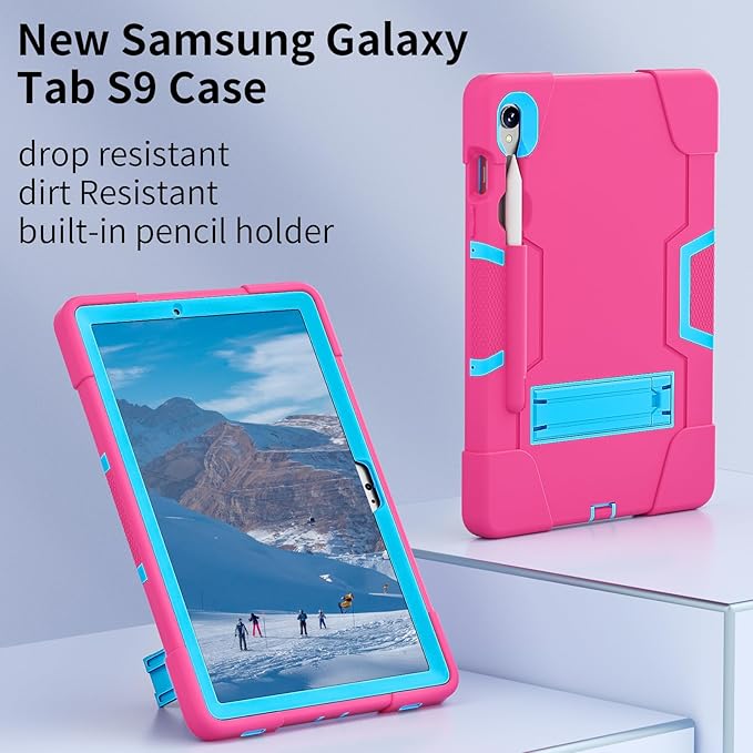 case for Galaxy Tablet S9 FE & S9 2023 (SM-X710/X718U/X716B/X510/X516B), Soft Silicone & Hard Pc 3-Layer Military Protector Cover for Tab S10 FE/S8/S7 with S-Pen Holder Stand Rose Red+Blue