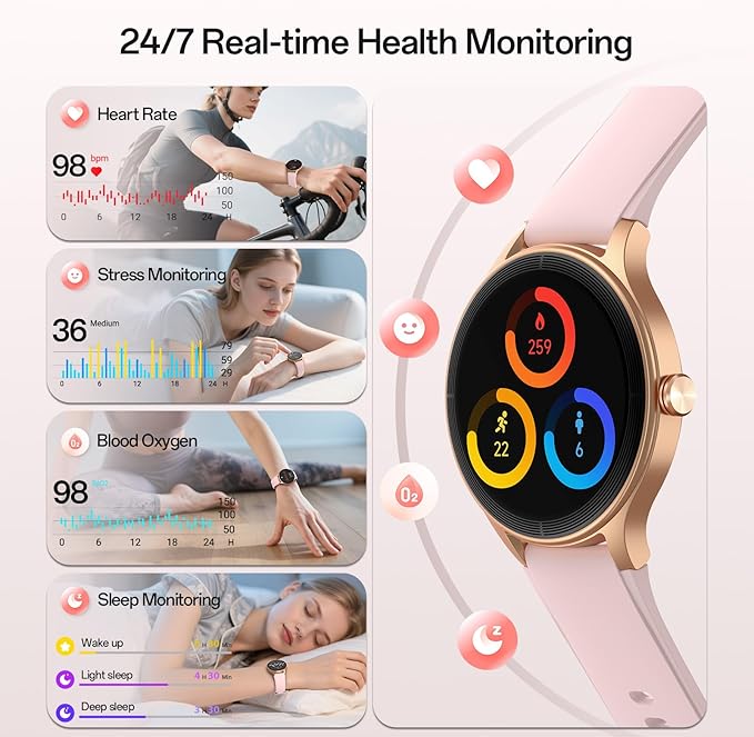 Smart Watches for Women,1.27" HD Touchscreen SmartWatch(2 Bands) with Bluetooth Calls (Make/Answer),Fitness Tracker with Heart Rate/Sp02/Sleep Monitor,110+ Sport Modes (Pink, 1.27)