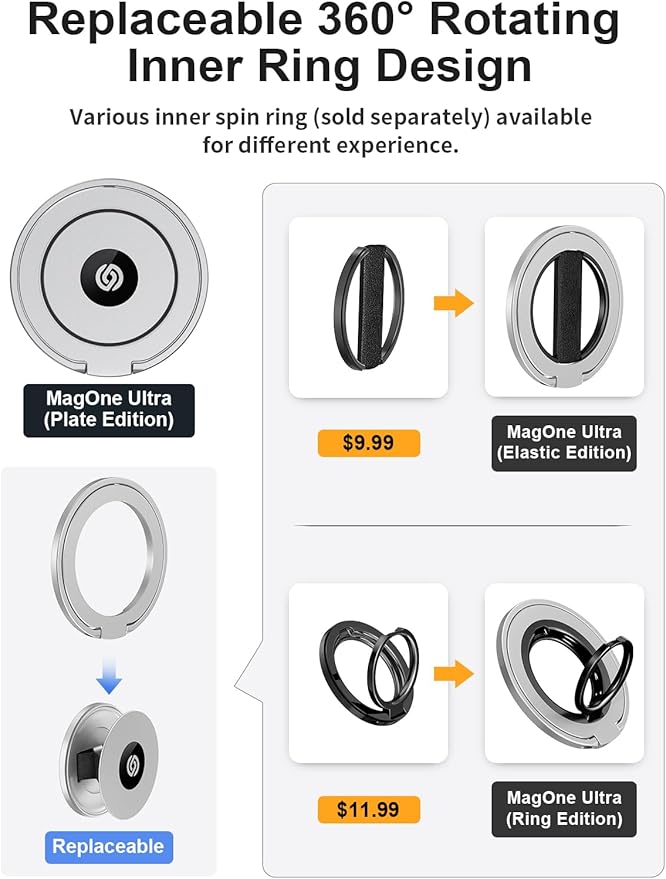EWA MagOne Ultra (Plate Edition) Phone Grip Stand with Leather Finger Strap, Removable Magnetic Ring Holder Kickstand Loop, Double-Sided Magnetic Accessories for Phone-Silver
