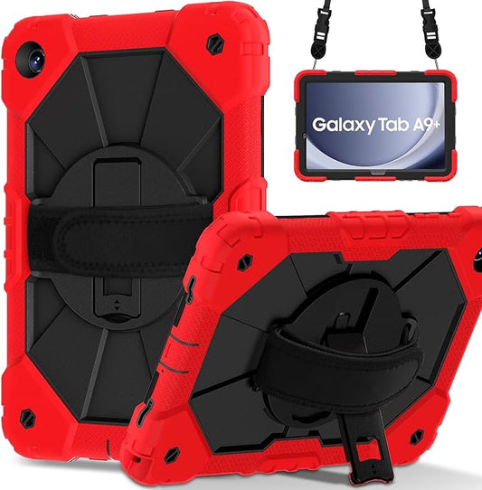 Case for Samsung Galaxy Tab A9+ 11 Inch 2023 (X210/X216/X218), Heavy Duty Shockproof Rugged 360 Rotating Hand Strap Protective Case for Galaxy Tab A9 Plus Tablet, Red+Black