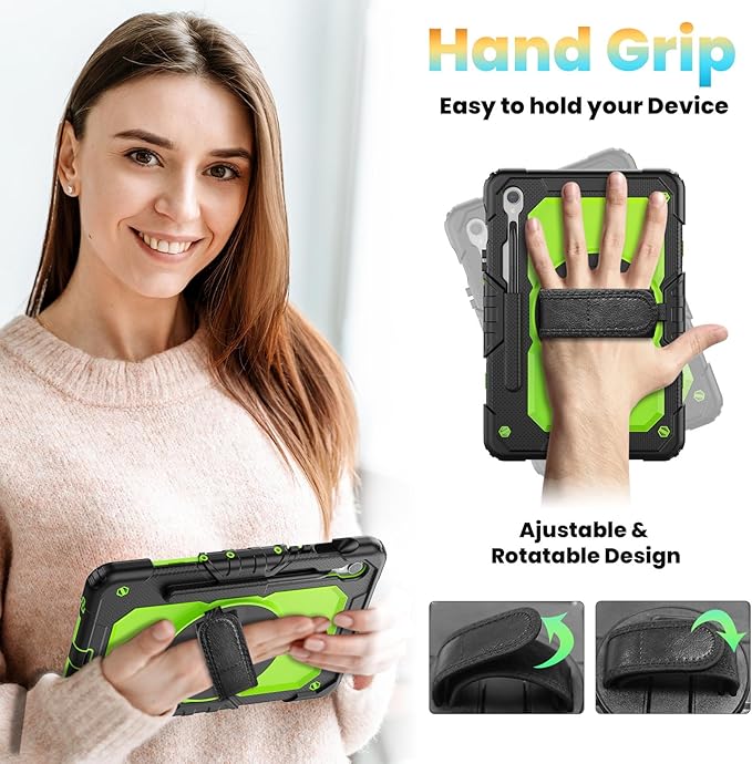 Herize Case Compatible with Samsung Galaxy Tab S10 FE / S9 FE 10.9 inch with Screen Protector Pen Holder | Full-Body Silicone Protective Case W/360 Rotating Hand Strap Shoulder Strap