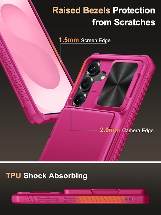 Vihibii for Samsung Galaxy S25 Wallet Case with Card Holder (4 Cards), [RFID Blocking] & Slide Camera Cover & Raised Edges Protect Screen, Heavy Duty Phone Cover for Samsung Galaxy S25 6.2", Hot Pink