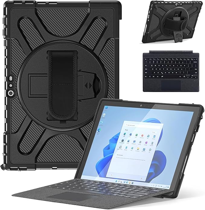 Junfire Surface Pro 7 Plus Case with Keyboard - Surface Pro 7/6/5/4 Shockproof Rugged Case with Kickstand Hand Strap & Keyboard- Black