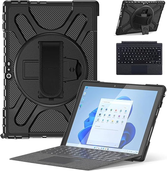 Junfire Surface Pro 7 Plus Case with Keyboard - Surface Pro 7/6/5/4 Shockproof Rugged Case with Kickstand Hand Strap & Keyboard- Black