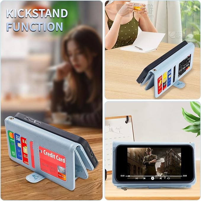 Lacass for Samsung Galaxy S24+ Plus Case Wallet,Compatible with MagSafe 2 in 1 Magnetic Detachable PU Leather RFID Blocking Wallet Cover Card Holder Zipper Wrist Strap Lanyard,Floral Sky Blue