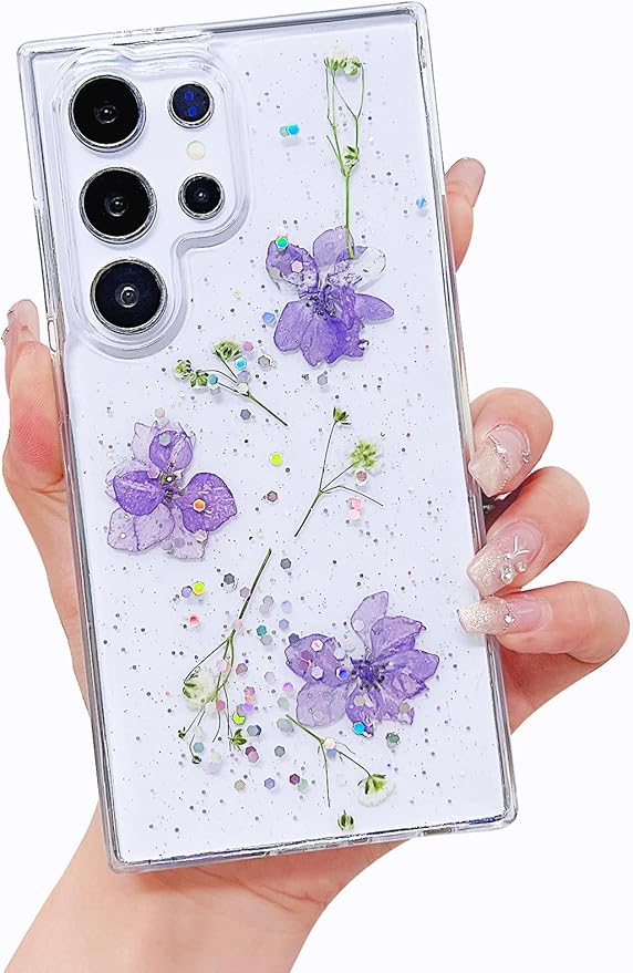 Compatible with Samsung Galaxy S24 Ultra Case Cute Pressed Dried Real Flowers Design Women Girly Shockproof Hard PC+ TPU Bumper Floral Phone Cover for Galaxy S24 Ultra (Light Purple)