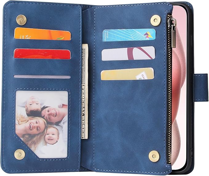 Asuwish Compatible with iPhone 15 6.1 inch Wallet Case Tempered Glass Screen Protector and Leather Flip Cover Card Holder Stand Cell Phone Cases for iPhone15 5G i i-Phone i15 15Case Women Men Blue