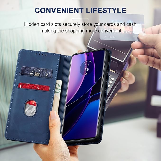 Jasonyu Flip Wallet Case for Motorola Edge (2023),Leather Magnetic Folio Cover with Card Holder,Kickstand - TPU Shockproof Durable Protective Phone Case,Blue