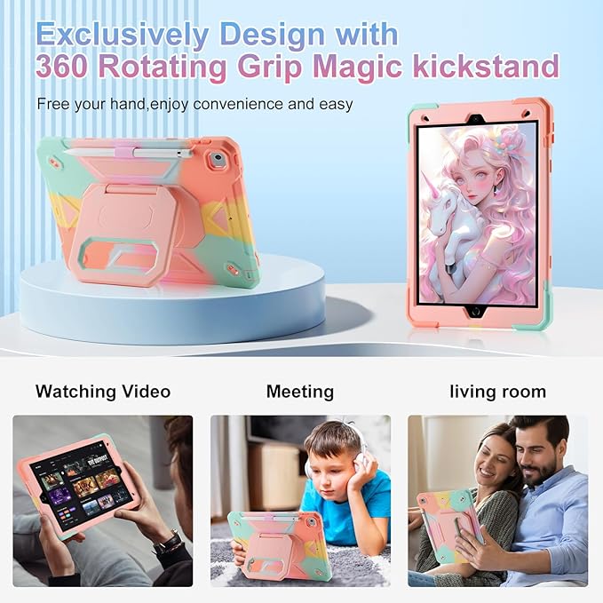 for iPad 9th/ 8th/ 7th Generation Case (iPad 10.2 inch Shockproof Case) with 360 Rotating Grip Magic Stand, Pencil Holder/Keychain/Carrying Shoulder Strap, for iPad 10.2 inch Girls (Colourful)